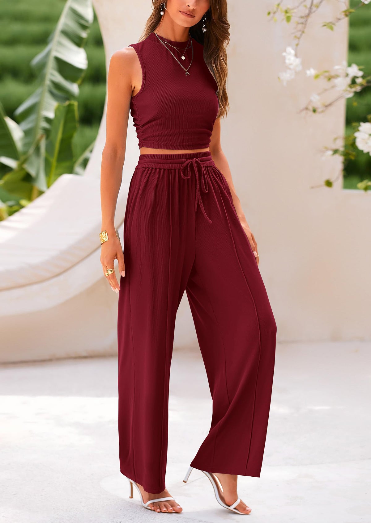 Ribbed Knit Sleeveless Crop Tank Tops Wide Leg Casual Pants Two Piece Sets