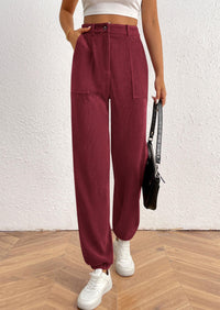 Elastic High Waisted Work Office Corduroy Casual Pants with Pockets