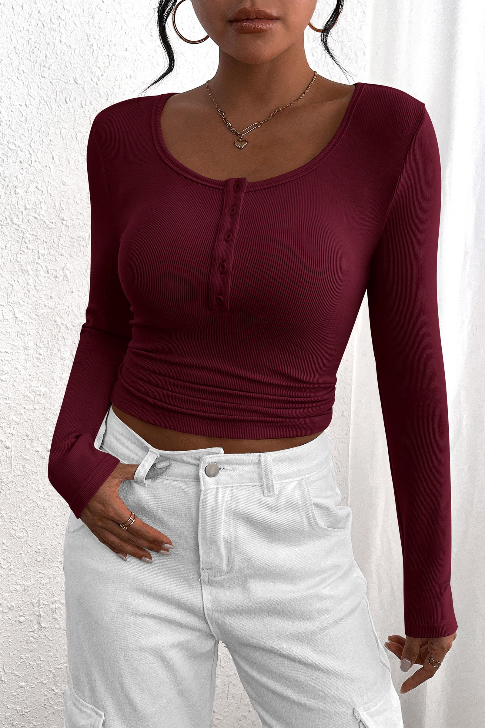 PRETTYGARDEN Women's Spring Fall Long Sleeve Henley T Shirts Button Ribbed Knit Slim Fit Casual Basic Tops Blouse