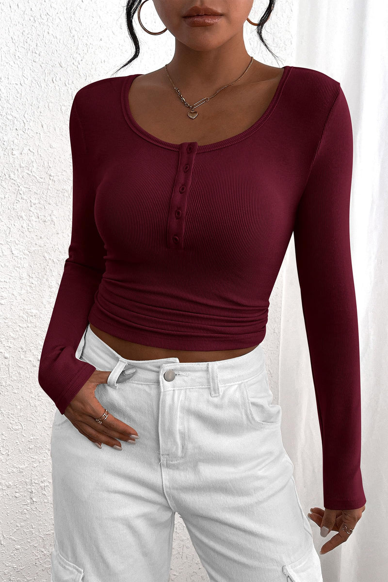 PRETTYGARDEN Women's Spring Fall Long Sleeve Henley T Shirts Button Ribbed Knit Slim Fit Casual Basic Tops Blouse