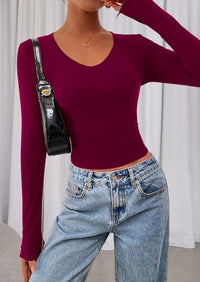 PRETTYGARDEN Womens Long Sleeve T Shirts Fall Trendy Deep V Neck Slim Fit Basic Crop Tops Casual Going Out Top