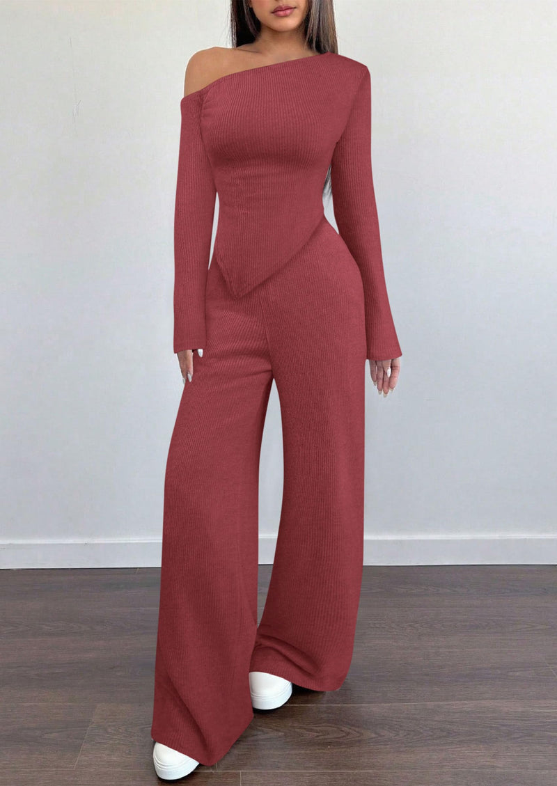 PRETTYGARDEN Casual Two Piece Sets for Women Fall Outfits Asymmetrical Off Shoulder Tops Wide Leg Pants Knit Lounge Set