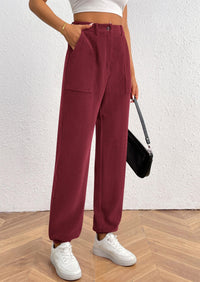 Elastic High Waisted Work Office Corduroy Casual Pants with Pockets
