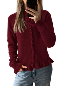 PRETTYGARDEN Womens Fall Button Down Cardigans Chunky Knit Ruffle Open Front Cropped Cardigan Sweaters Soft Long Sleeve Tops