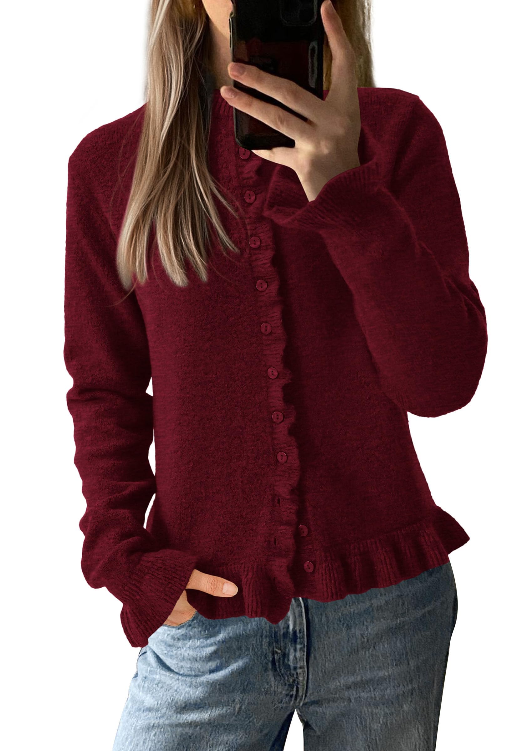PRETTYGARDEN Womens Fall Button Down Cardigans Chunky Knit Ruffle Open Front Cropped Cardigan Sweaters Soft Long Sleeve Tops