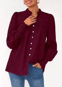PRETTYGARDEN Womens Fall Lantern Long Sleeve Shirts Trendy Button V Neck Pleated Henley Tops Loose Work Blouses