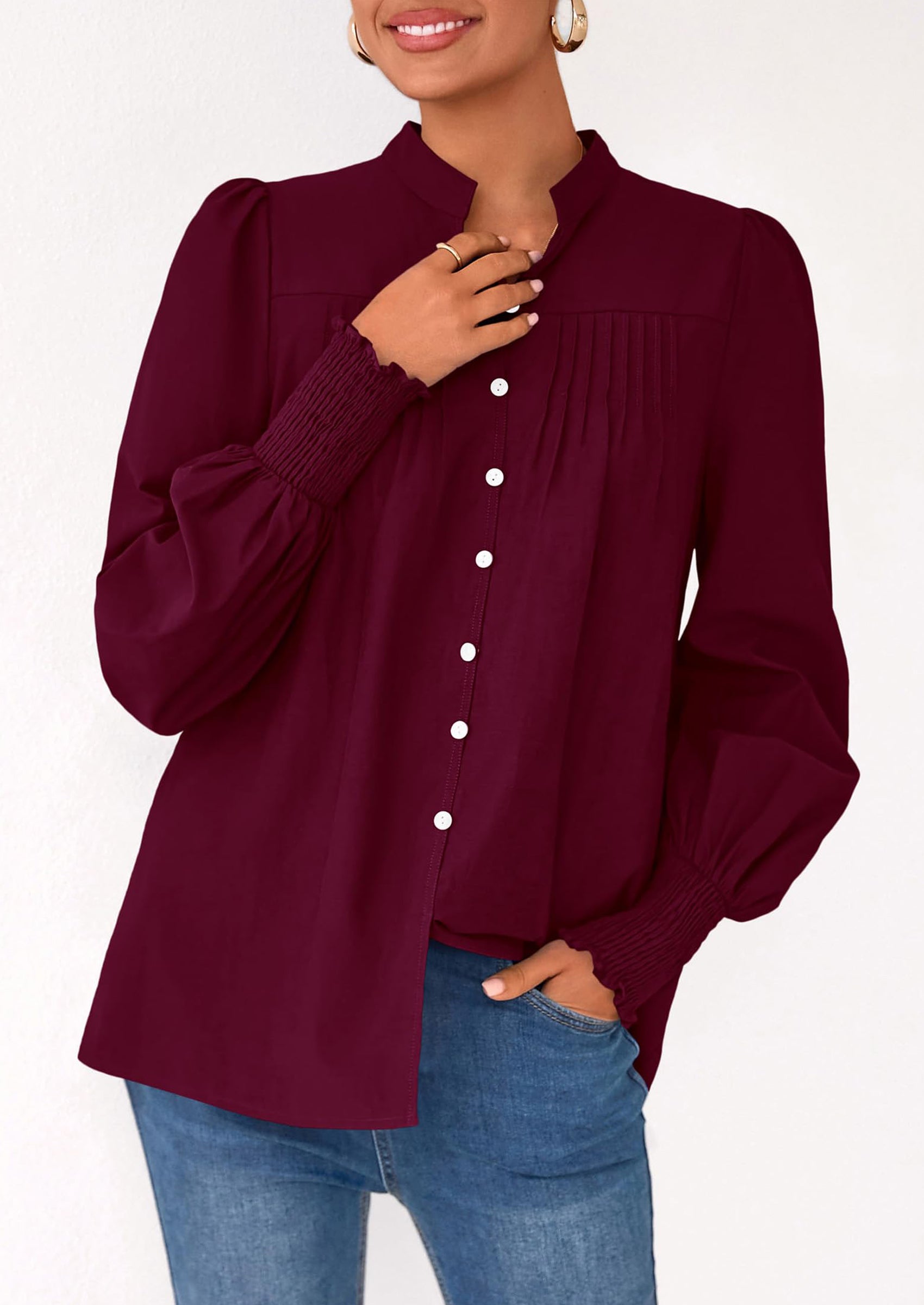 PRETTYGARDEN Womens Fall Lantern Long Sleeve Shirts Trendy Button V Neck Pleated Henley Tops Loose Work Blouses