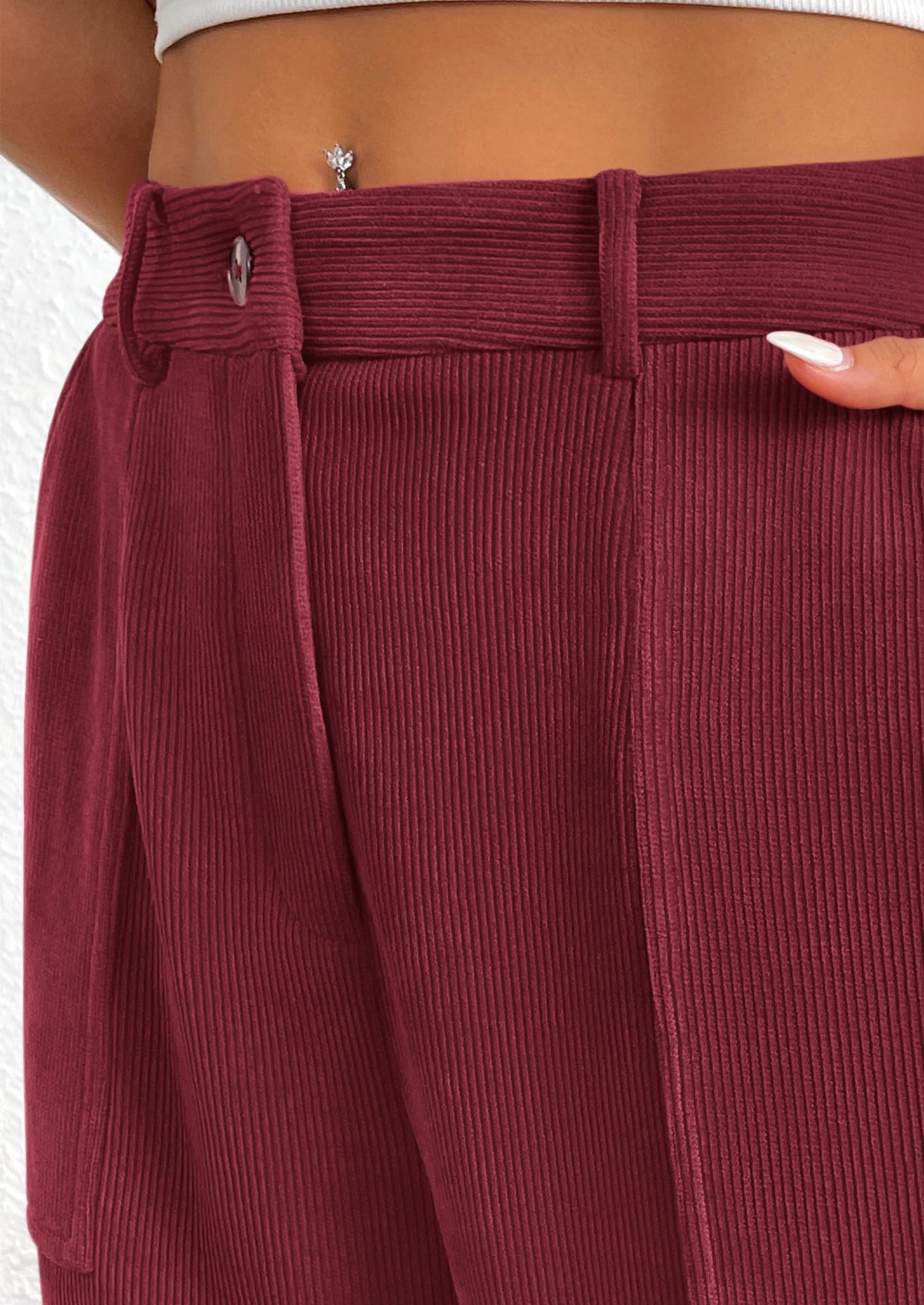 Elastic High Waisted Work Office Corduroy Casual Pants with Pockets