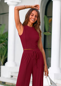 Ribbed Knit Sleeveless Crop Tank Tops Wide Leg Casual Pants Two Piece Sets