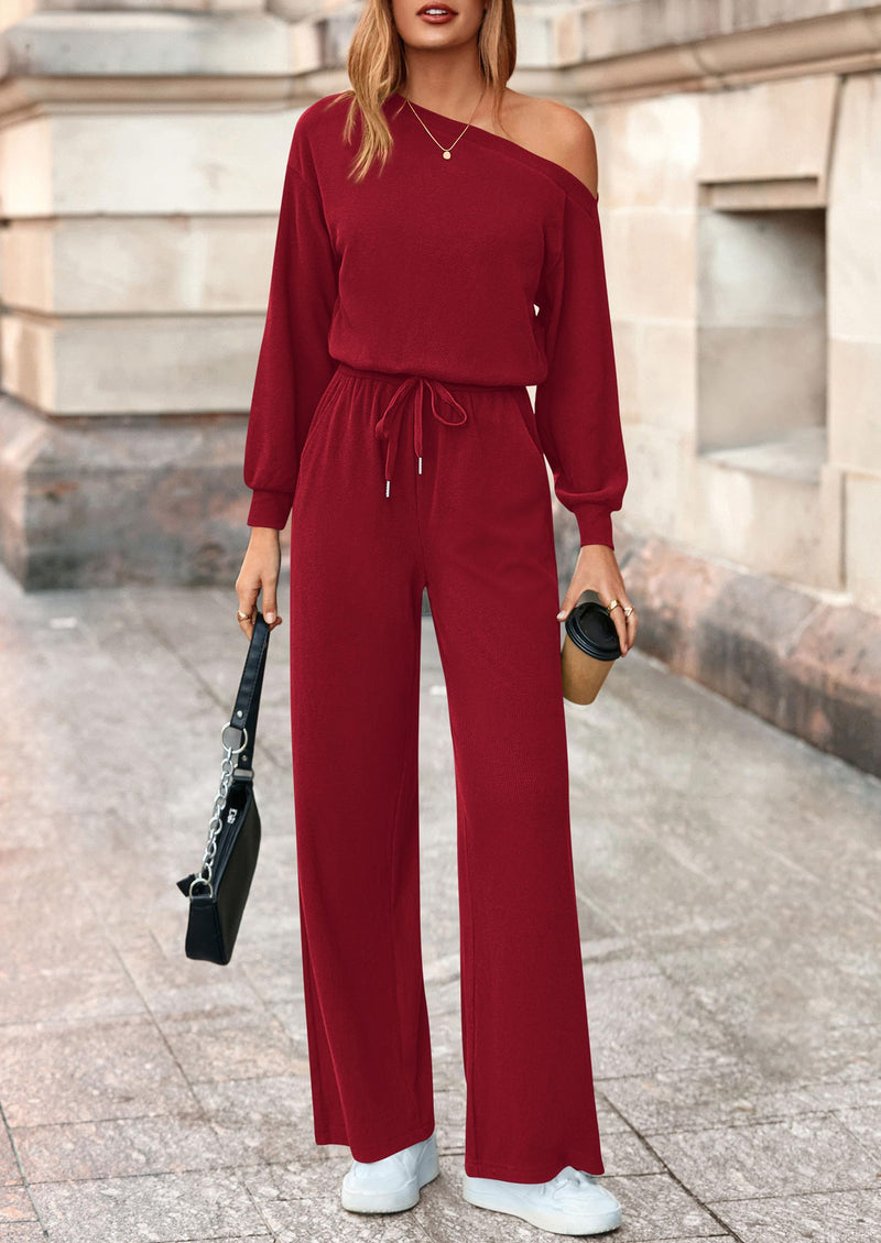 PRETTYGARDEN Long Sleeve Jumpsuit For Women Dressy Off Shoulder One Piece Loose Wide Leg Jumpsuits Casual Flowy Romper