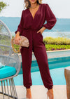 PRETTYGARDEN Women's Fall Jumpsuits Dressy Casual Pants Romper Spring Long Sleeve V Neck Belt Pockets One Piece Outfits