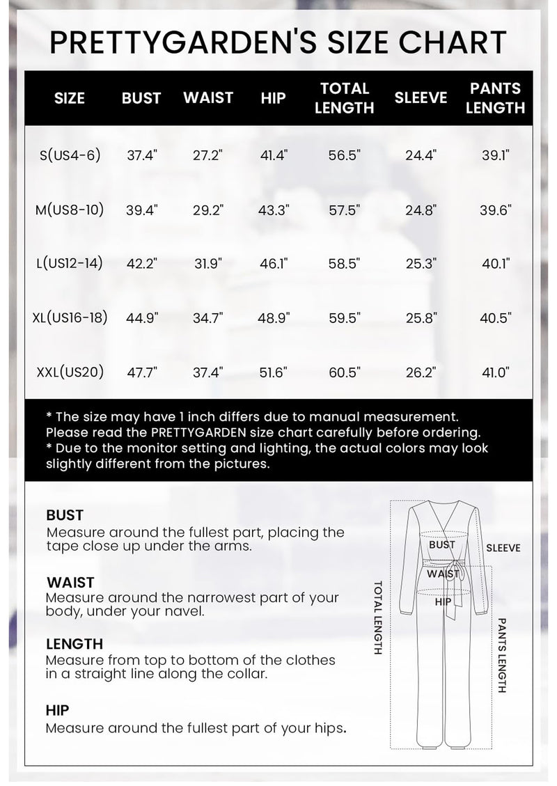 PRETTYGARDEN Women's Fall Jumpsuits Dressy Casual Pants Romper Spring Long Sleeve V Neck Belt Pockets One Piece Outfits