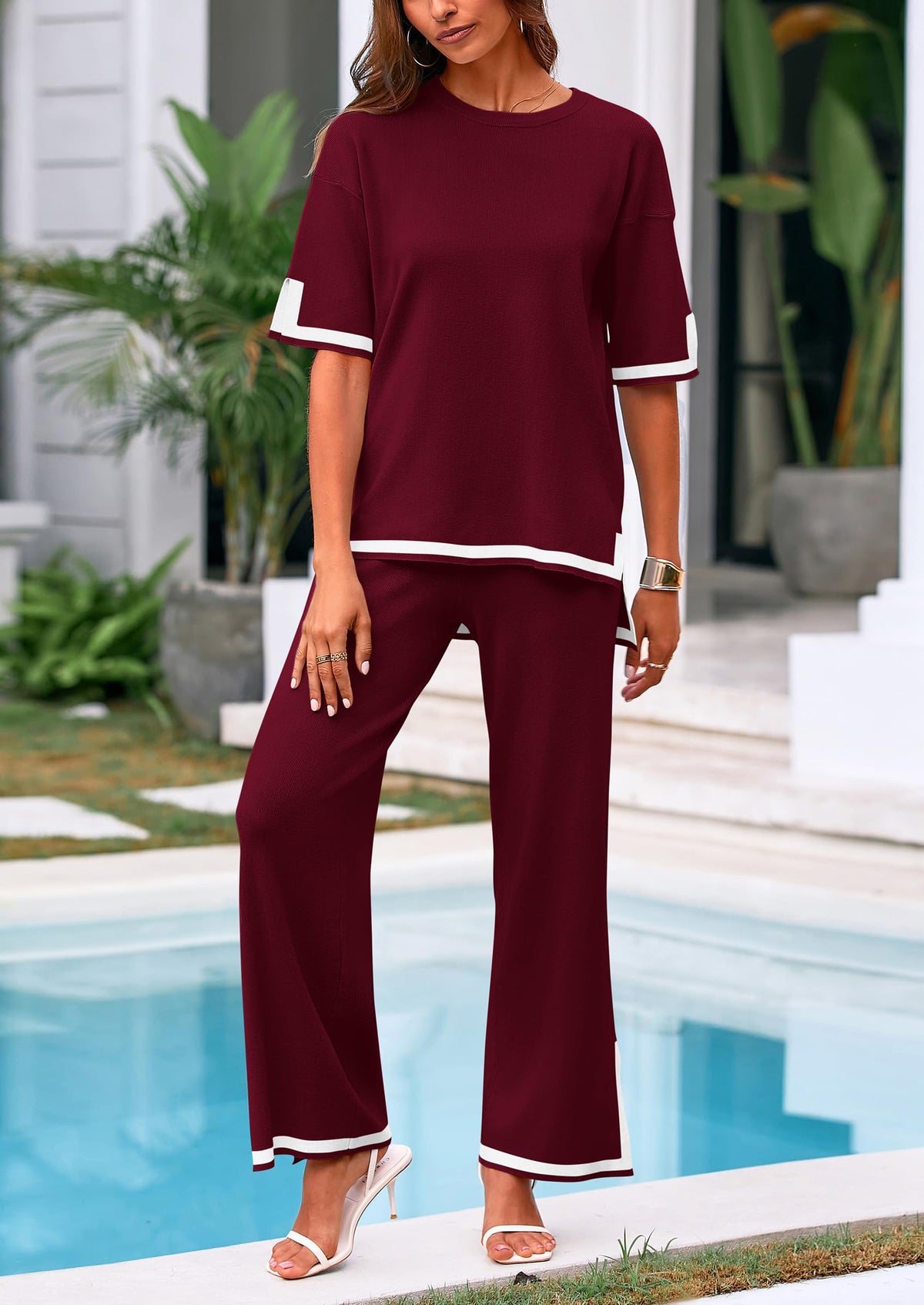 Casual Short Sleeve Knit Sweater Tops Wide Leg Pants 2 Piece Sets