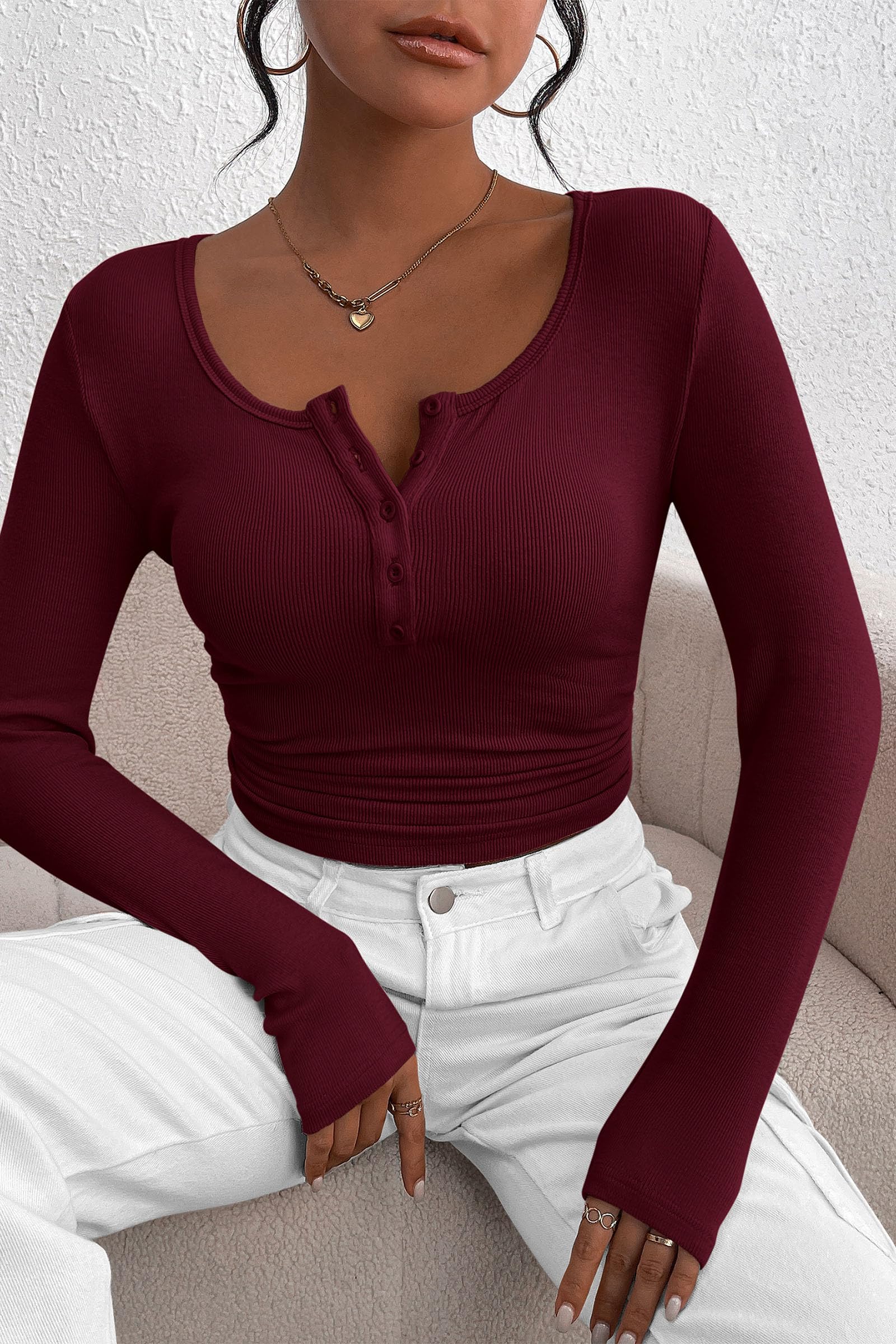 PRETTYGARDEN Women's Spring Fall Long Sleeve Henley T Shirts Button Ribbed Knit Slim Fit Casual Basic Tops Blouse