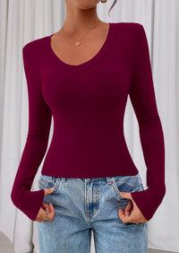 PRETTYGARDEN Womens Long Sleeve T Shirts Fall Trendy Deep V Neck Slim Fit Basic Crop Tops Casual Going Out Top