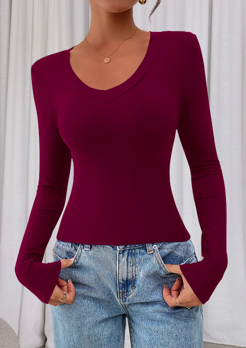 PRETTYGARDEN Womens Long Sleeve T Shirts Fall Trendy Deep V Neck Slim Fit Basic Crop Tops Casual Going Out Top