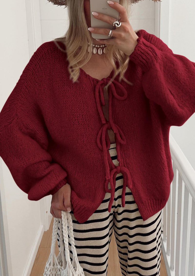 PRETTYGARDEN Women's Tie Front Bow Cardigan Sweaters Chunky Knit Long Puff Sleeve Trendy Fall Winter Jacket Coats