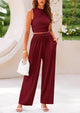 Ribbed Knit Sleeveless Crop Tank Tops Wide Leg Casual Pants Two Piece Sets