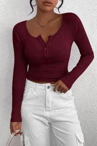 PRETTYGARDEN Women's Spring Fall Long Sleeve Henley T Shirts Button Ribbed Knit Slim Fit Casual Basic Tops Blouse