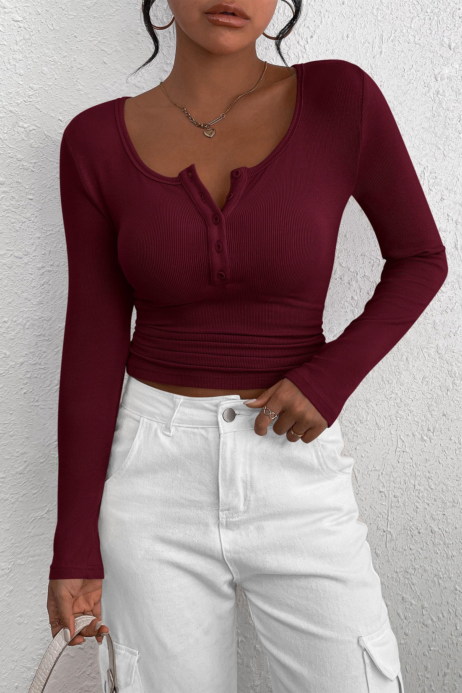 PRETTYGARDEN Women's Spring Fall Long Sleeve Henley T Shirts Button Ribbed Knit Slim Fit Casual Basic Tops Blouse