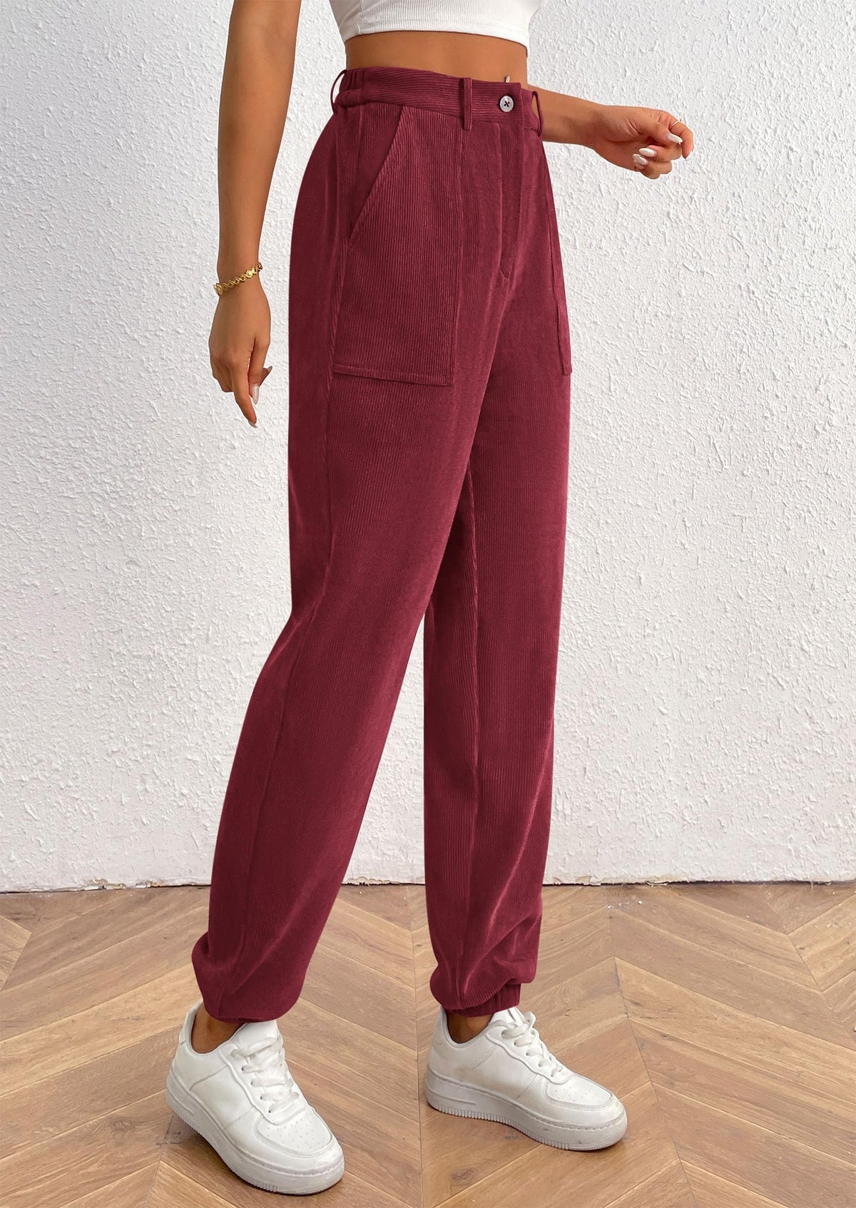 Elastic High Waisted Work Office Corduroy Casual Pants with Pockets