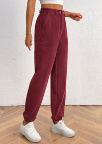 Elastic High Waisted Work Office Corduroy Casual Pants with Pockets