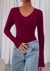 PRETTYGARDEN Womens Long Sleeve T Shirts Fall Trendy Deep V Neck Slim Fit Basic Crop Tops Casual Going Out Top