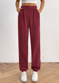 Elastic High Waisted Work Office Corduroy Casual Pants with Pockets