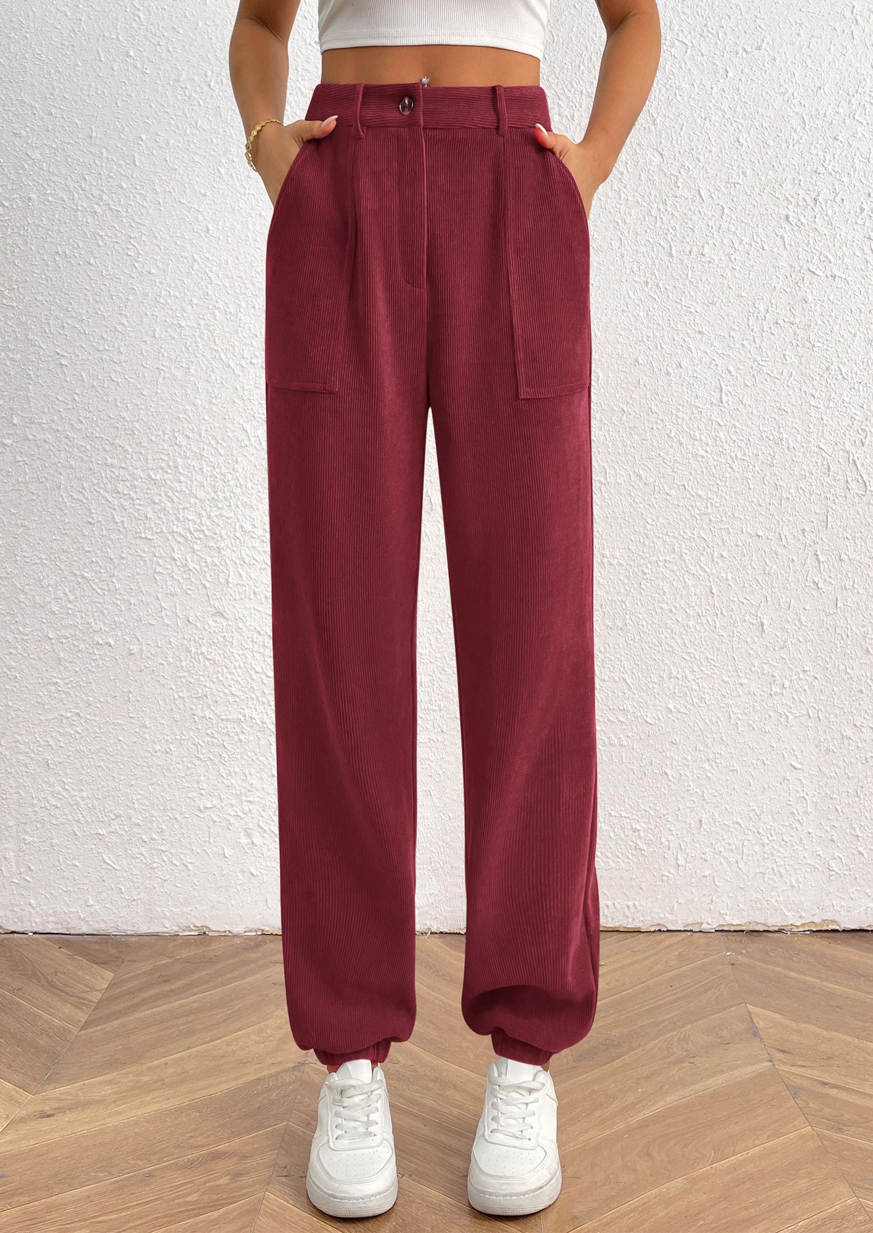 Elastic High Waisted Work Office Corduroy Casual Pants with Pockets