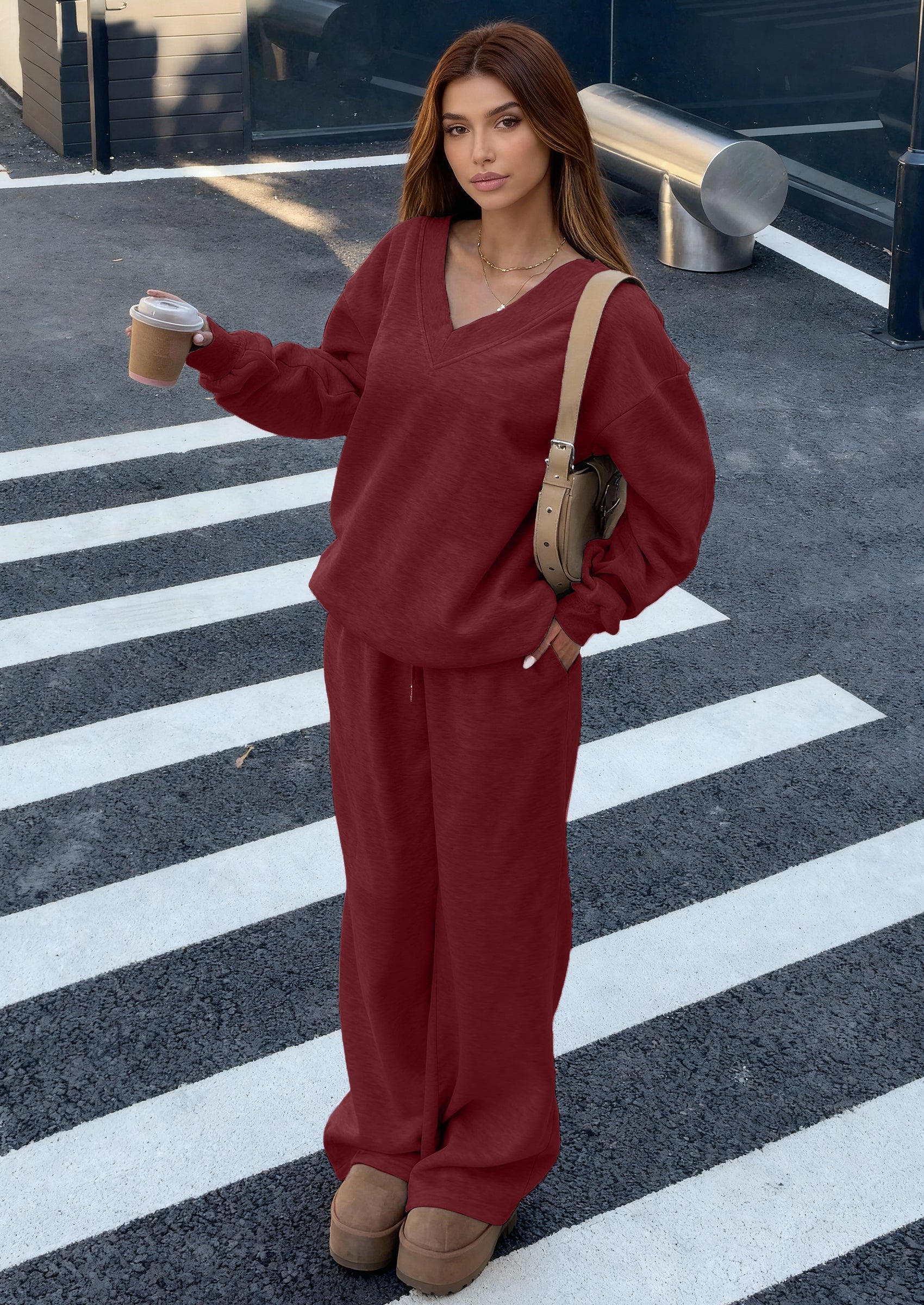 PRETTYGARDEN Casual Winter Two Piece Sets for Women V Neck Sweatshirt Loose Wide Leg Pants Tracksuit Knit Fall Outfits PRETTYGARDEN