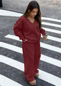 PRETTYGARDEN Casual Winter Two Piece Sets for Women V Neck Sweatshirt Loose Wide Leg Pants Tracksuit Knit Fall Outfits PRETTYGARDEN