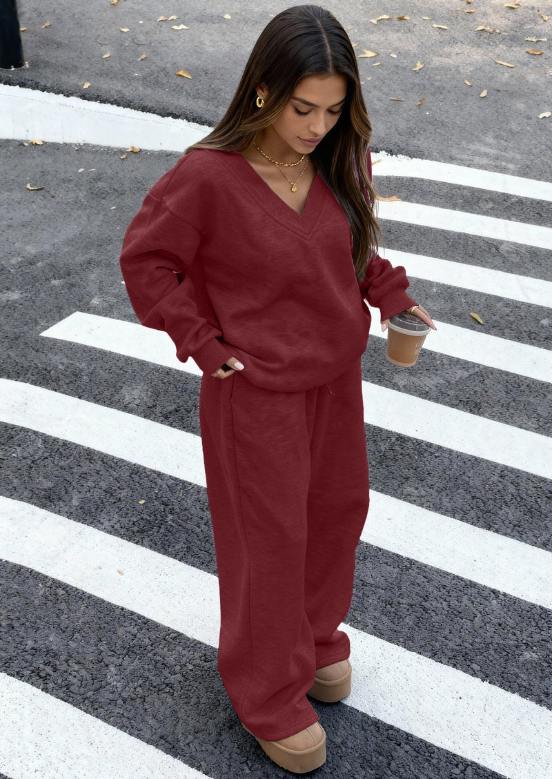 PRETTYGARDEN Casual Winter Two Piece Sets for Women V Neck Sweatshirt Loose Wide Leg Pants Tracksuit Knit Fall Outfits PRETTYGARDEN