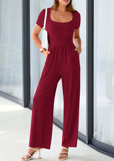 PRETTYGARDEN Casual Short Sleeve Square Neck Wide Leg Jumpsuit Rompers