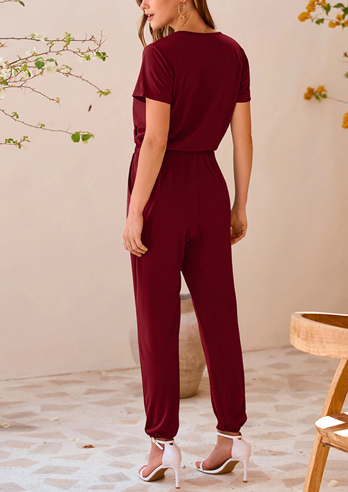 Deep V Neck Wrap Drawstring Waist Jumpsuits