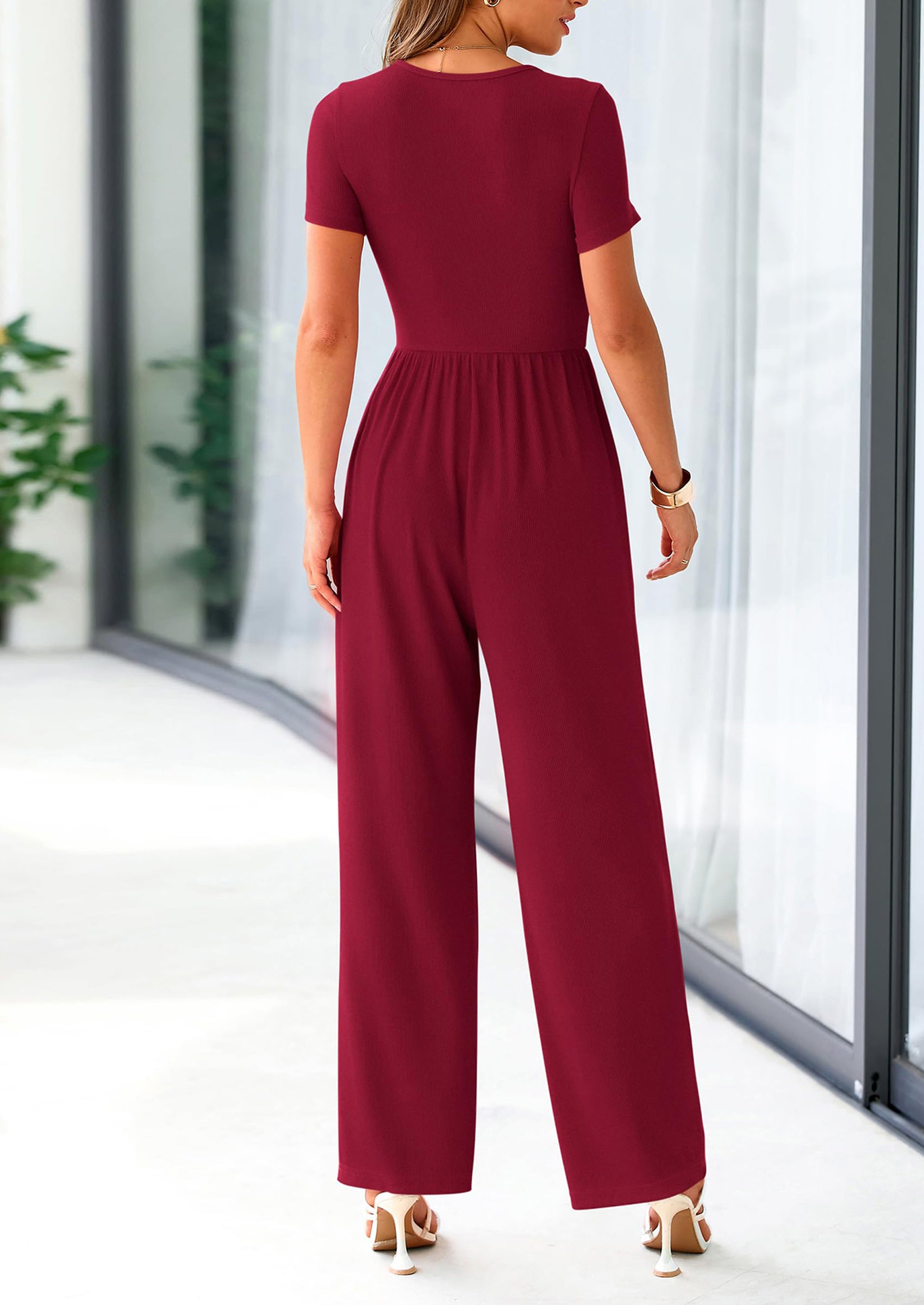 PRETTYGARDEN Casual Short Sleeve Square Neck Wide Leg Jumpsuit Rompers