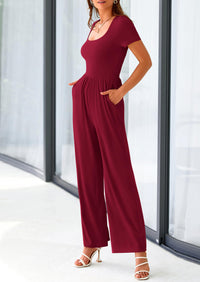 PRETTYGARDEN Casual Short Sleeve Square Neck Wide Leg Jumpsuit Rompers