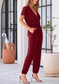 Deep V Neck Wrap Drawstring Waist Jumpsuits