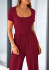 PRETTYGARDEN Casual Short Sleeve Square Neck Wide Leg Jumpsuit Rompers