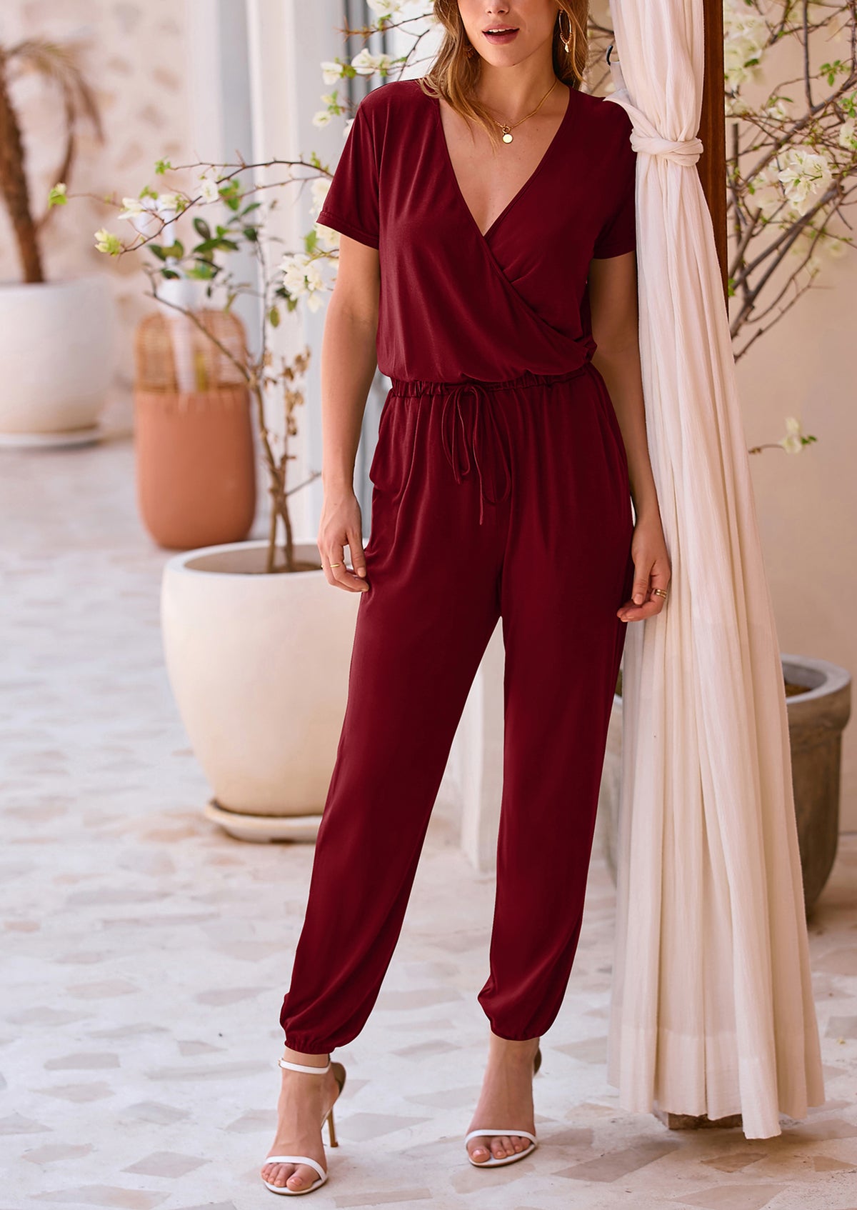Deep V Neck Wrap Drawstring Waist Jumpsuits
