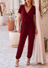 Deep V Neck Wrap Drawstring Waist Jumpsuits