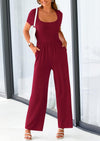 PRETTYGARDEN Casual Short Sleeve Square Neck Wide Leg Jumpsuit Rompers