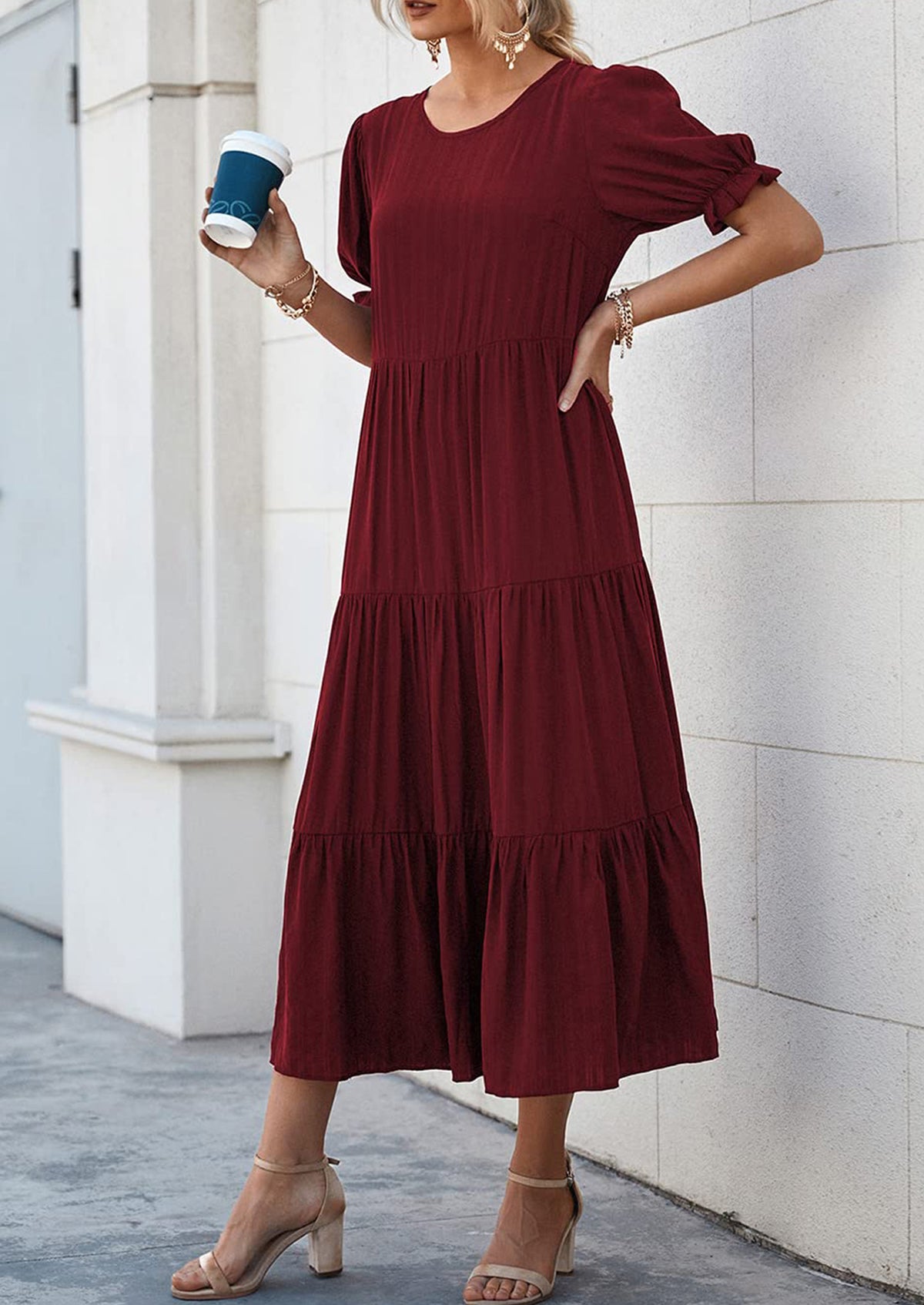 Casual Boho Floral Print Ruffle Puff Short Sleeve Flowy Beach Party Midi Dresses