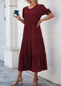 Casual Boho Floral Print Ruffle Puff Short Sleeve Flowy Beach Party Midi Dresses