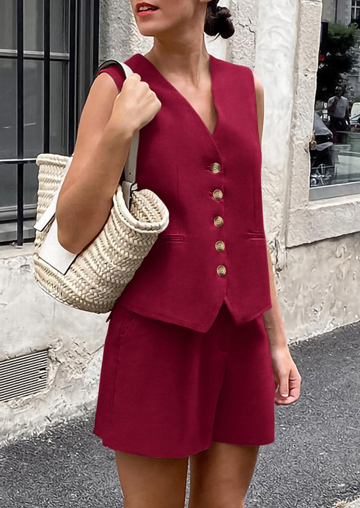 Button Down V Neck Vest Sleeveless Tops And Pockets Shorts 2 Piece Suits Sets