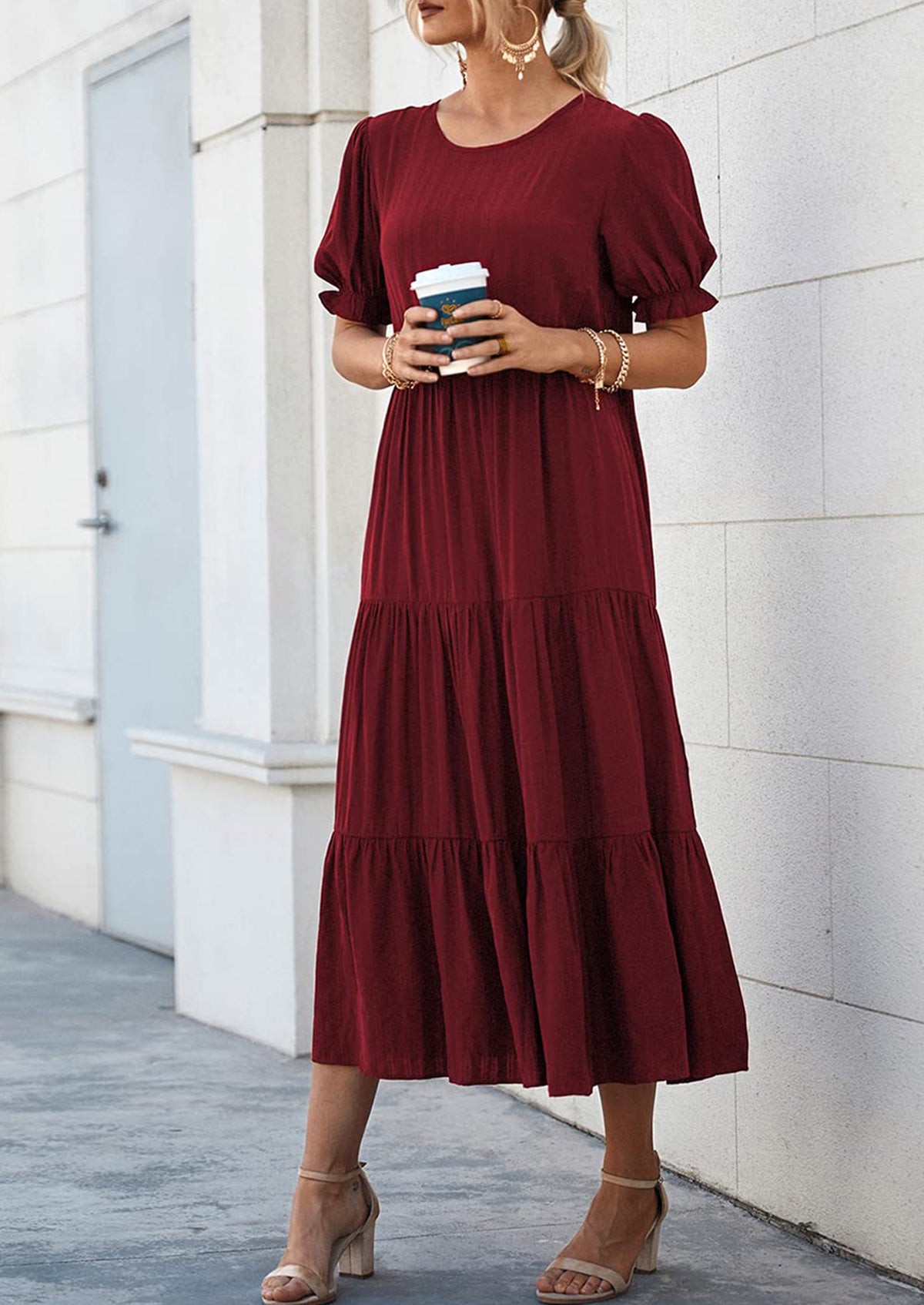 Casual Boho Floral Print Ruffle Puff Short Sleeve Flowy Beach Party Midi Dresses