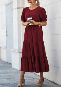Casual Boho Floral Print Ruffle Puff Short Sleeve Flowy Beach Party Midi Dresses