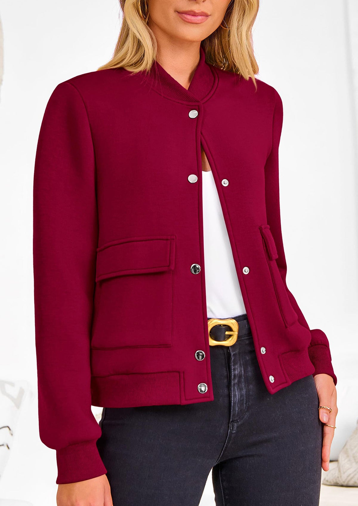 Casual Long Sleeve Button up Lightweight Varsity Bomber Jackets