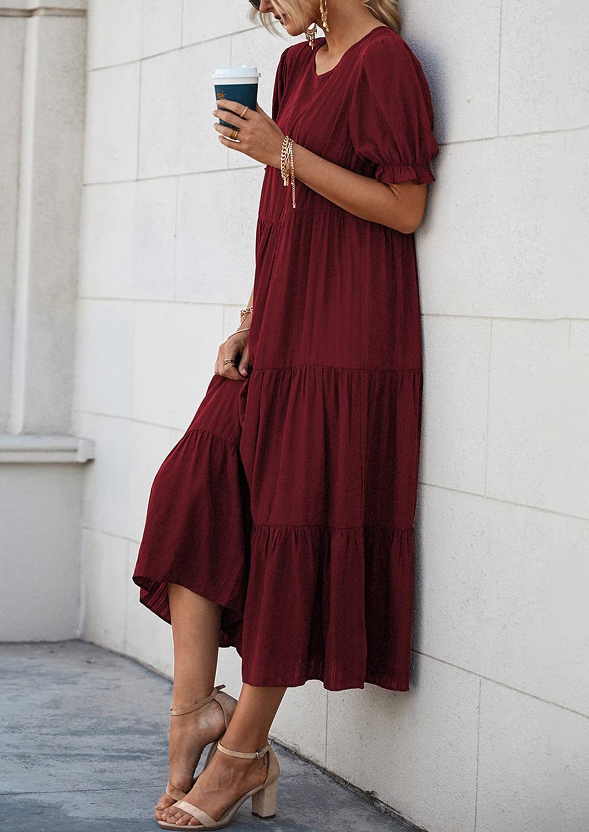 Casual Boho Floral Print Ruffle Puff Short Sleeve Flowy Beach Party Midi Dresses