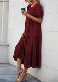 Casual Boho Floral Print Ruffle Puff Short Sleeve Flowy Beach Party Midi Dresses