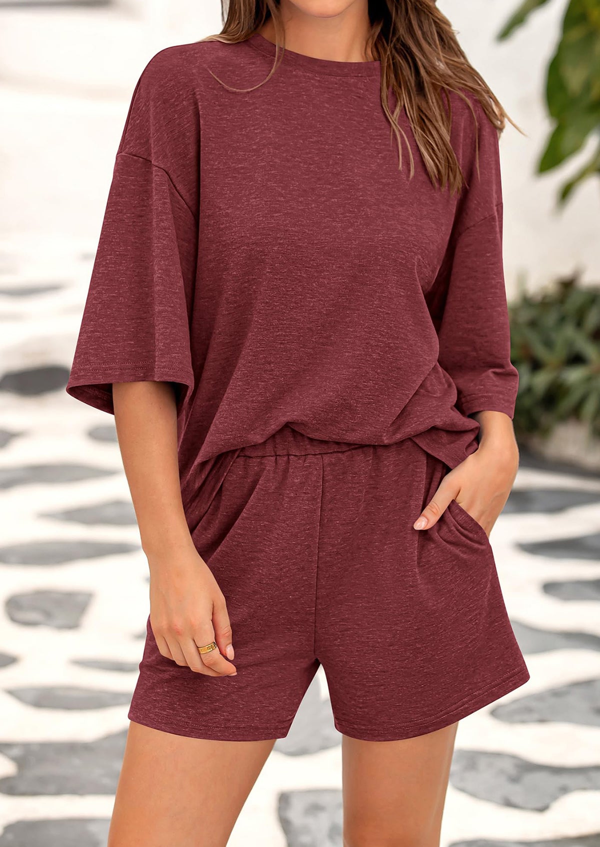 Short Sleeved Top And Casual Shorts 2-Piece Set With Pockets